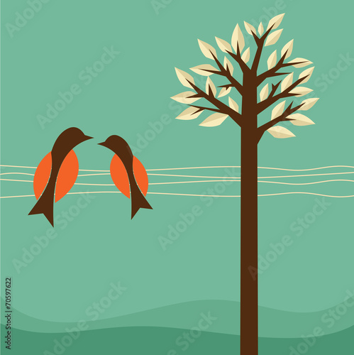 Background with birds and tree. Vector illustration