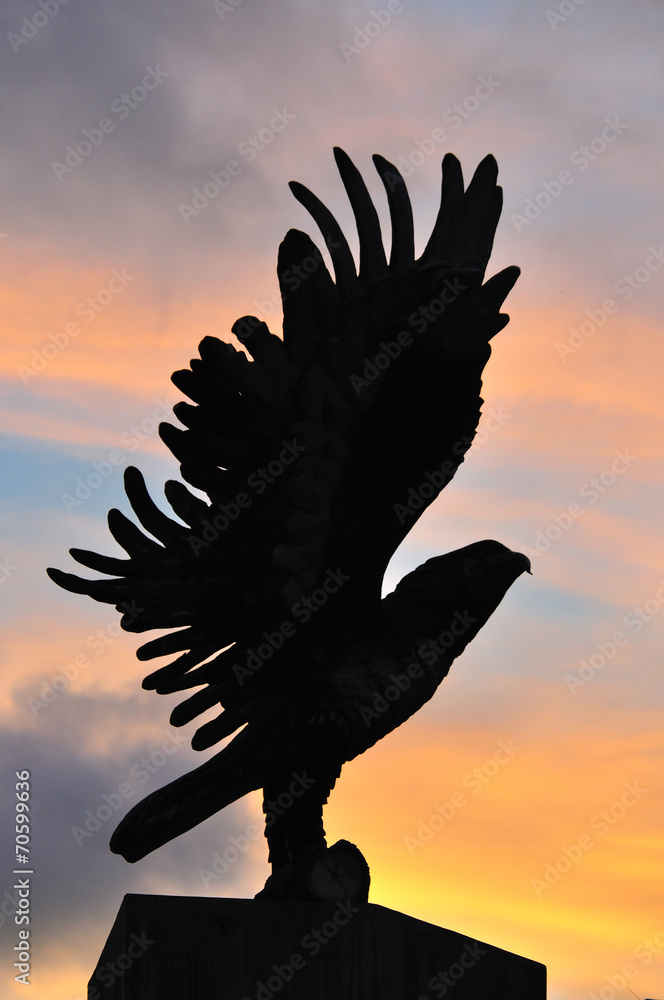 Obraz premium Silhouette hawk statue in sunset light