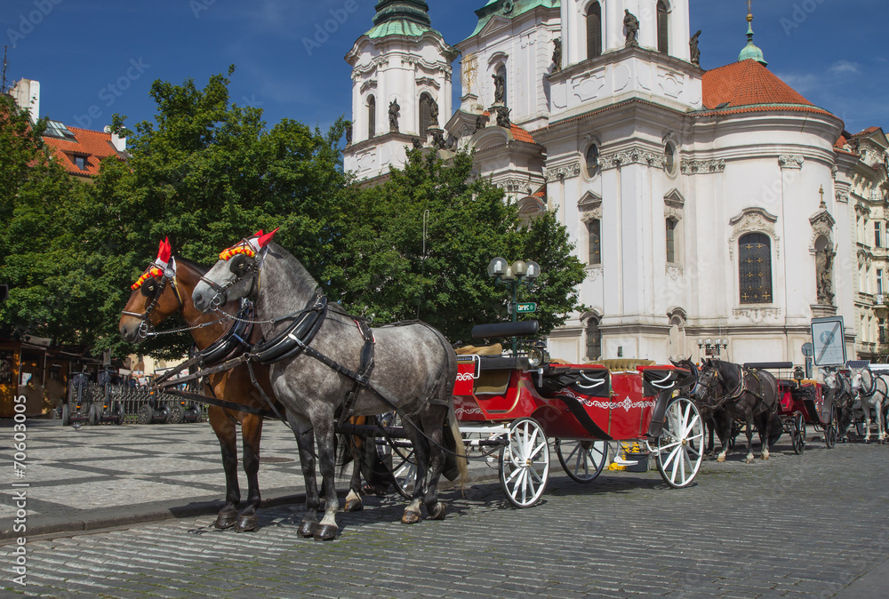 Horse-drawn carriage ready for tourists. (Prague, Czech Republic
