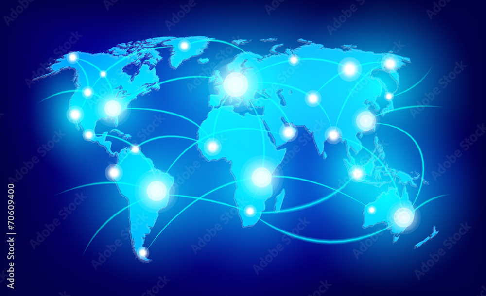 World map with glowing points