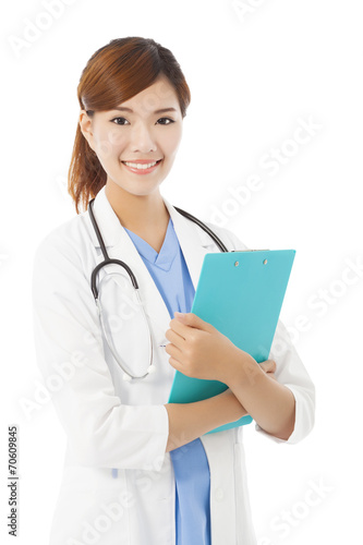 full length young smiling professional Doctor with document