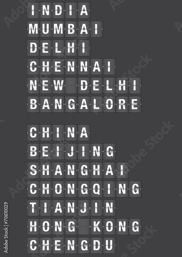 Airport Flip Board with Name of Cities in China and India