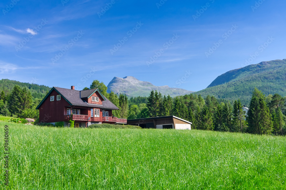 Typical Norwegian village house under the mountains