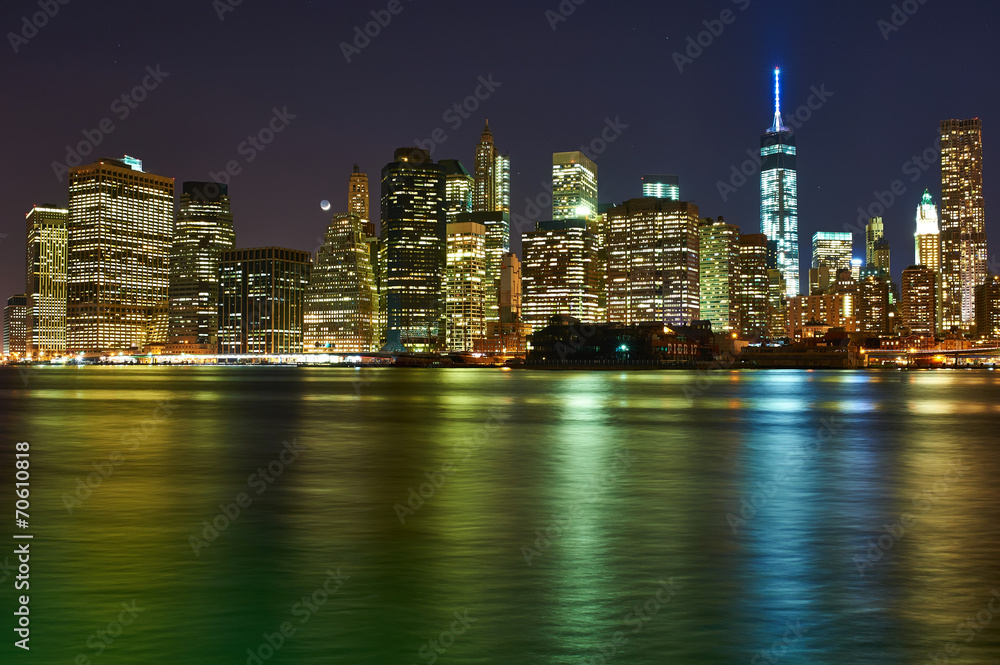 Lower Manhattan skyline view at night from Brooklyn