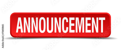 announcement red square button isolated on white background