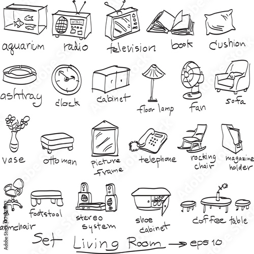 hand drawn set objects in living room, doodles