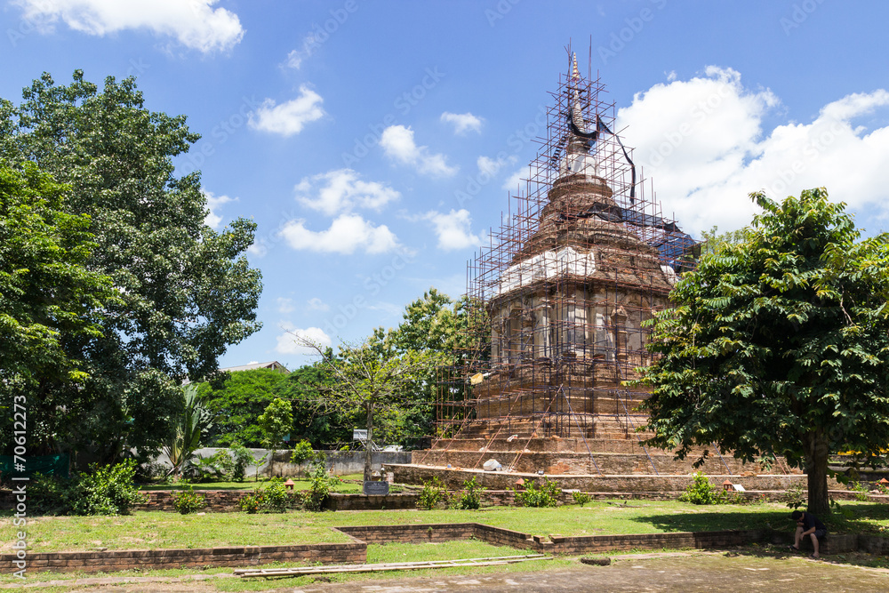 the ancient pagoda is under renovation