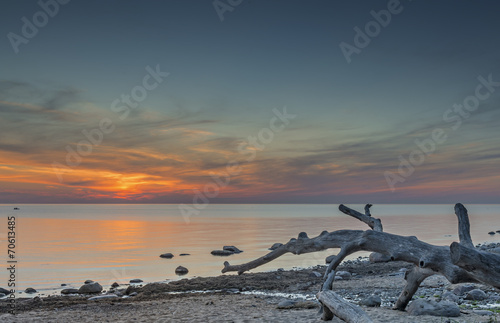 Sunset at snady beach of the Baltic Sea, Latvia, Europe photo