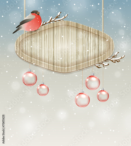 Bullfinch, decorations and wooden banner