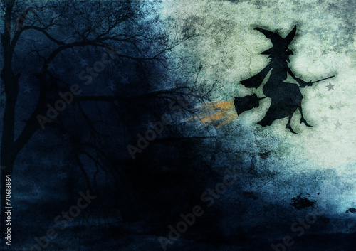 Flying witch an a broom at midnight with fullmoon - halloween photo
