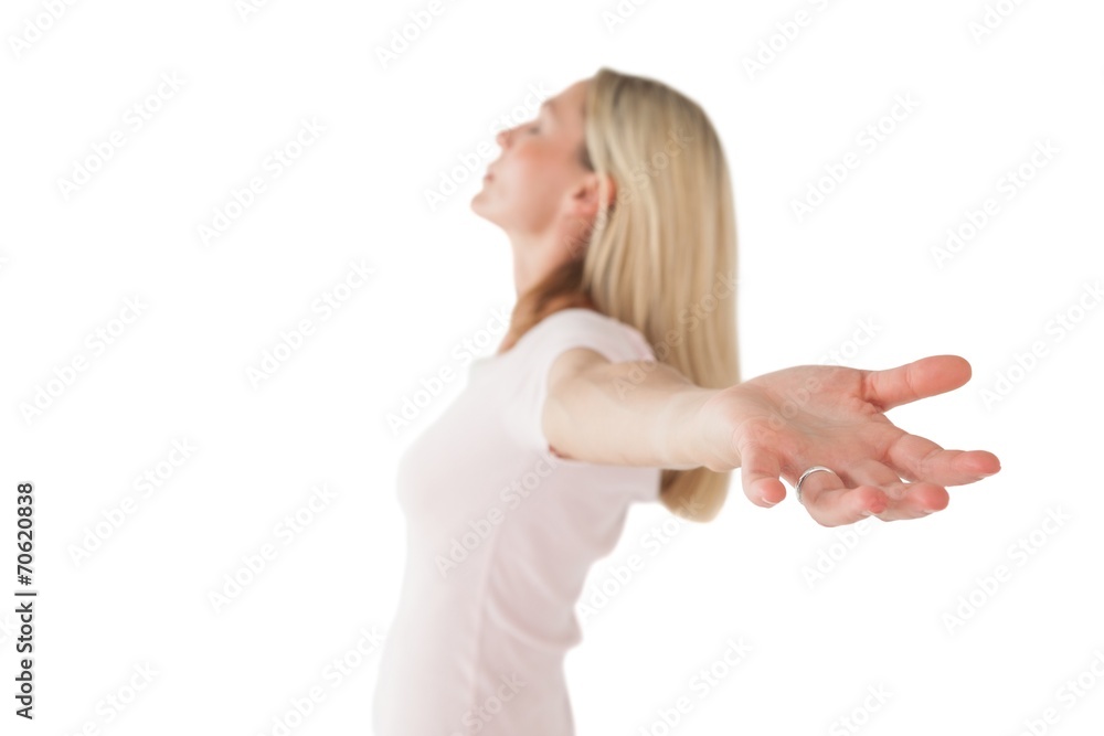 Side view of woman stretching hands Side view of woman stretching hands