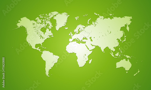 White world map on green background.