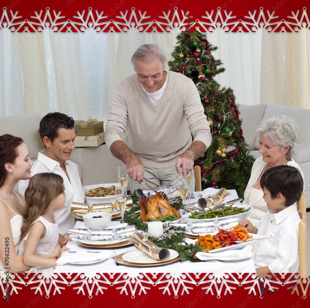 Family celebrating christmas dinner with turkey at home Family celebrating christmas dinner with turkey at home