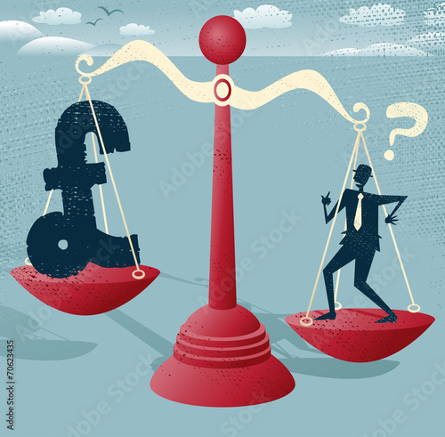 Abstract Businessman and Pound Sign balance on giant scales.
