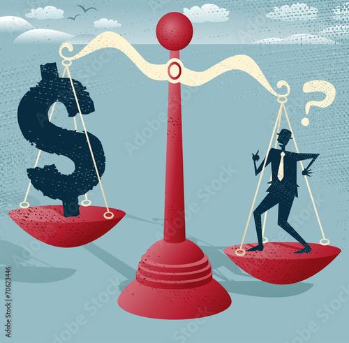Abstract Businessman and Dollar Sign balance on giant scales.