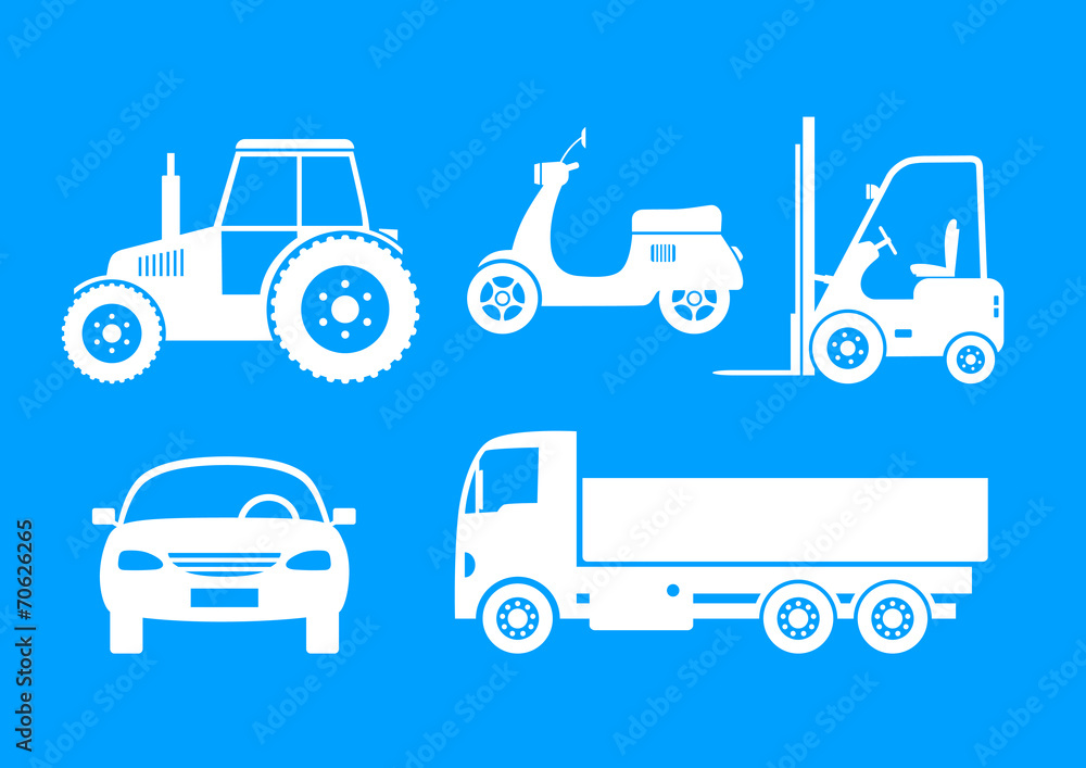 White vehicle icons on blue background White vehicle icons on blue background