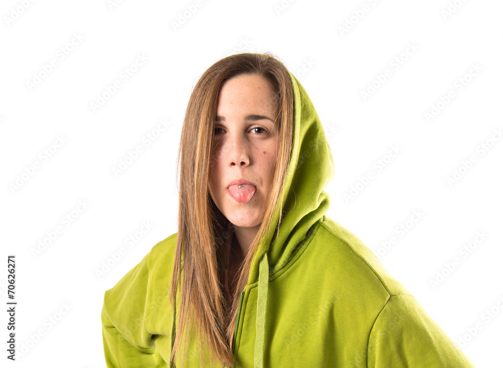 Young girl doing a joke over isolated white background Young girl doing a joke over isolated white background