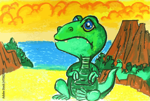 colorful dinosaur with volcano painting background