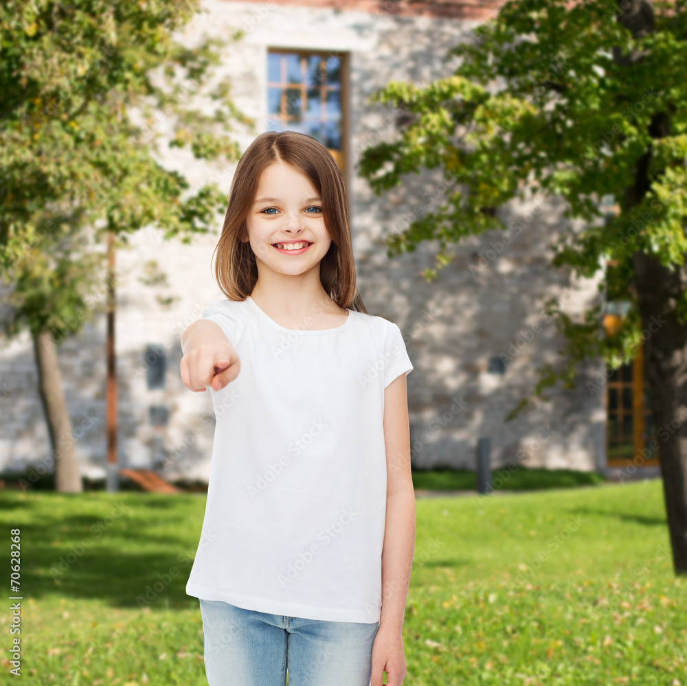 smiling little girl in white blank t-shirt
