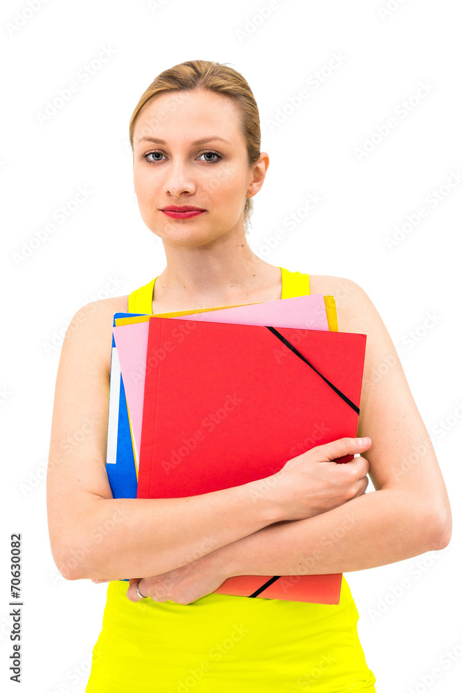 woman with a folder on a white background woman with a folder on a white background