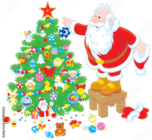 Santa Claus decorating a Christmas tree