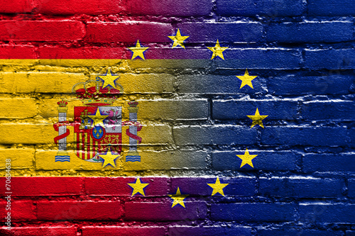 Spain and European Union Flag painted on brick wall photo