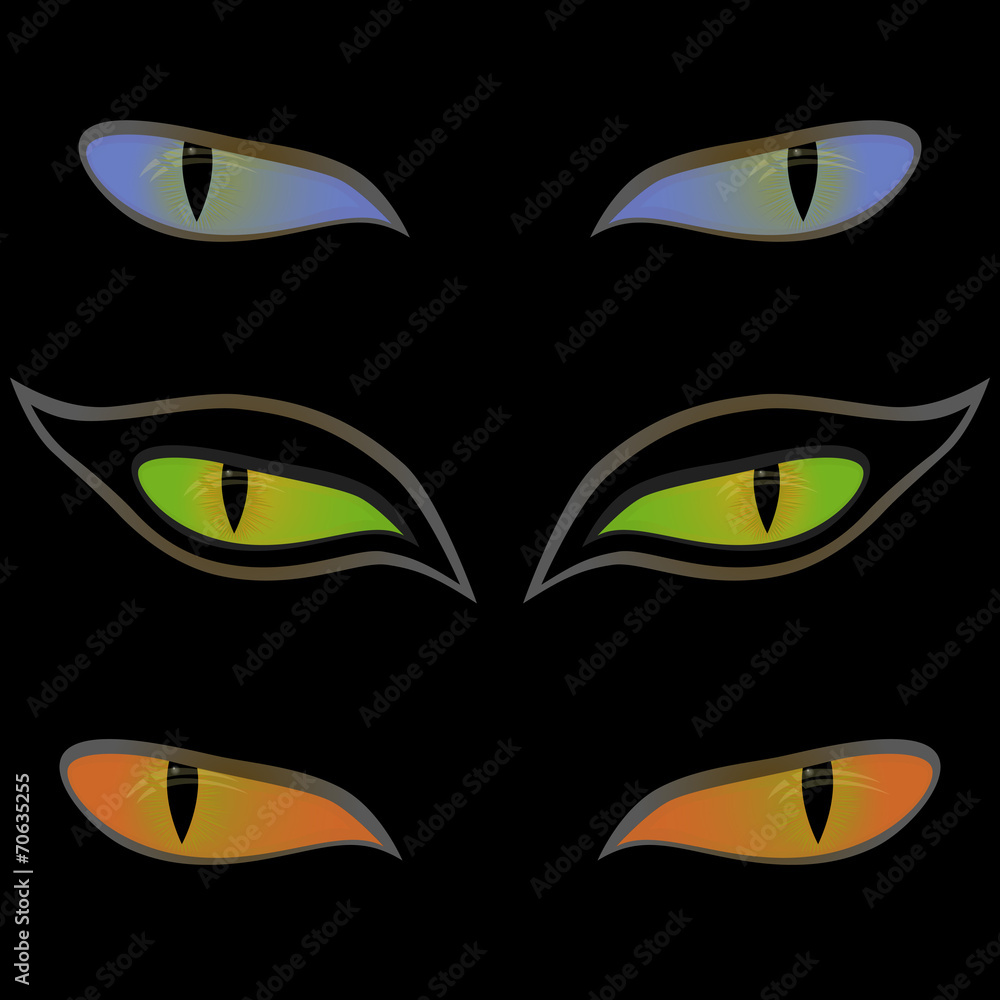 Obraz premium Three pairs of cat eyes over black