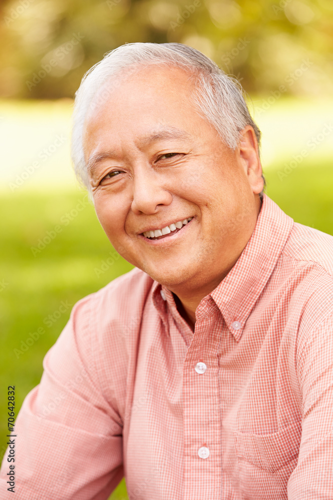 Portrait Of Smiling Senior Asian Man Sitting In Park Portrait Of Smiling Senior Asian Man Sitting In Park