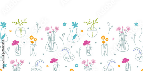 Fresh flowers in vases horizontal seamless pattern background