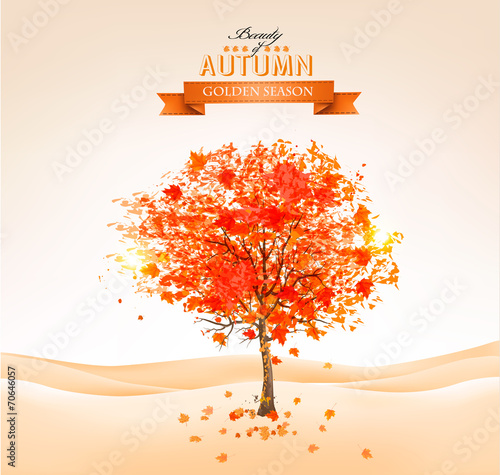 Autumn tree with orange leaves. Vector.