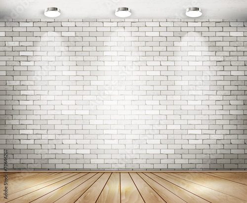 White brick room with spotlights. Vector.