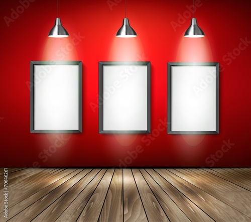 Red room with spotlights and wooden floor. Vector.