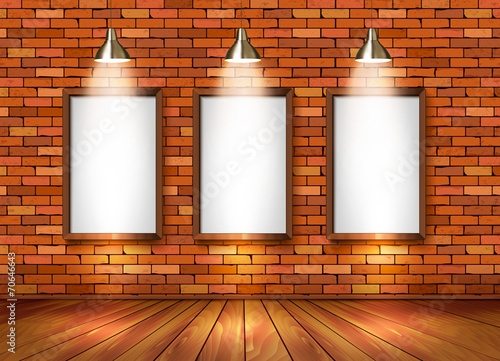 Brick show room with spotlights. Vector.