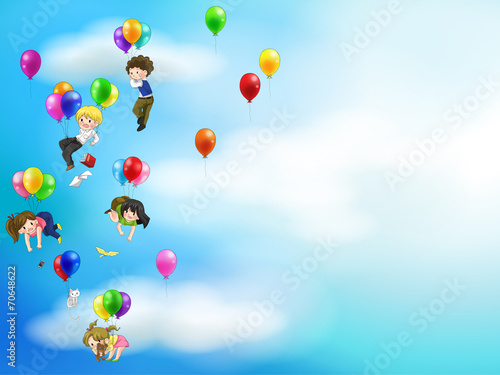 Cute cartoon people and chidren floating in the sky with balloon