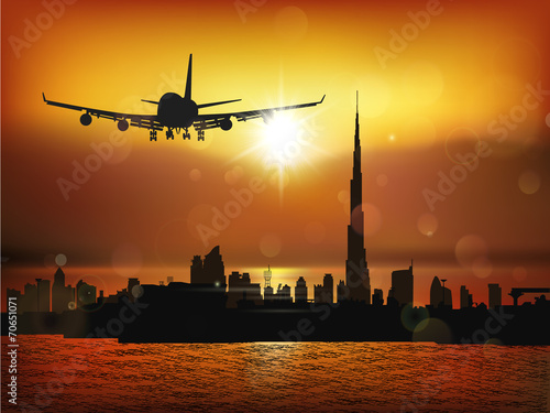 Vector illustration of the airliner and city