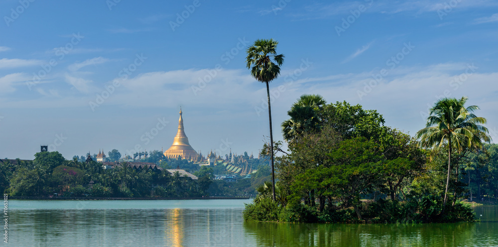 View of  Shwedagon Pagoda over Kandawgyi Lake