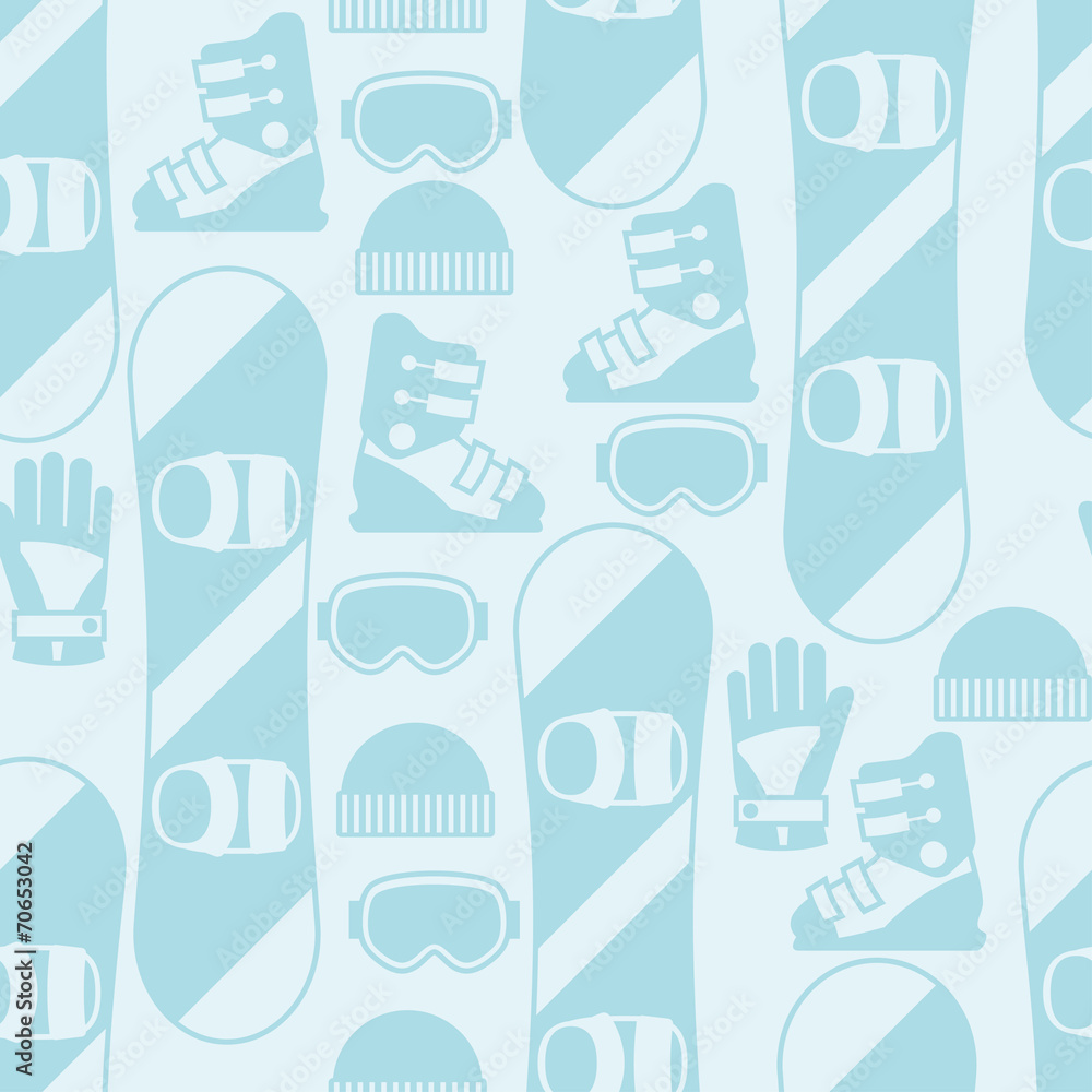 Sports seamless pattern with snowboard equipment flat icons.