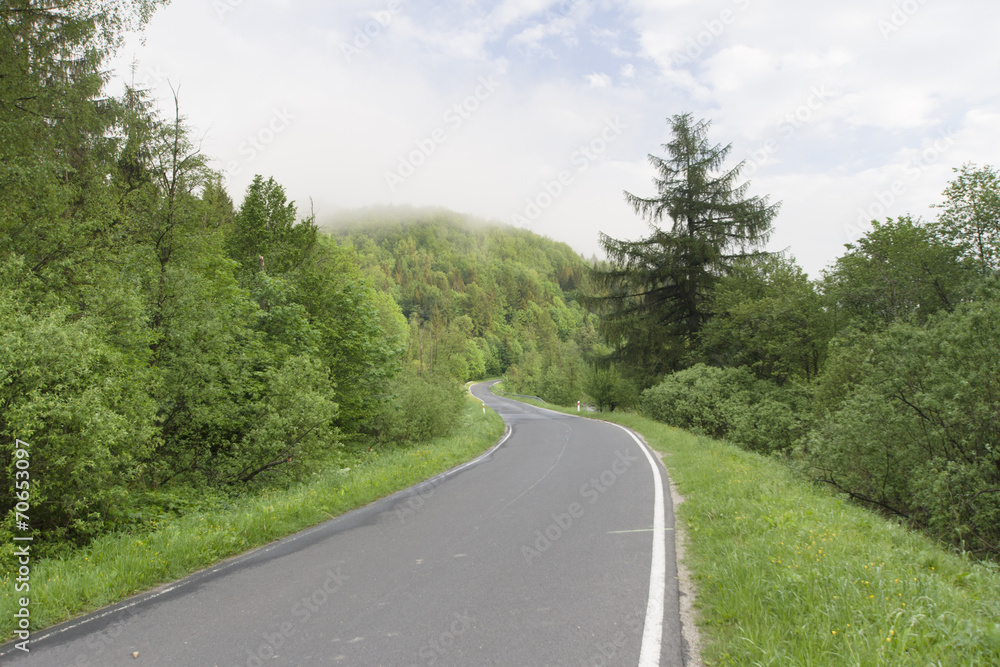 Asfaltowa droga w górach, Bieszczady poranek