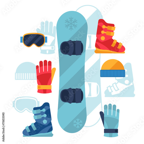 Snowboard equipment icons set in flat design style.