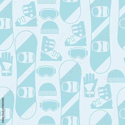 Sports seamless pattern with snowboard equipment flat icons.