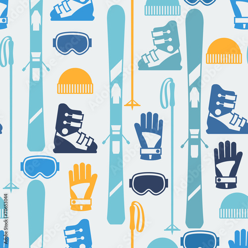 Sports seamless pattern with skiing equipment flat icons.