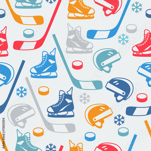 Sports seamless pattern with hockey equipment flat icons.