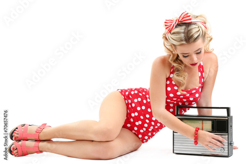 Beautiful girl with pretty smile in pinup style, isolated