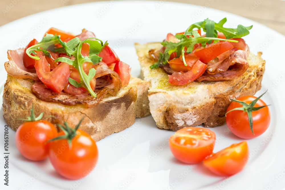 Fresh Bruschetta Sandwich With Bacon, Rucola And Tomatoes Fresh Bruschetta Sandwich With Bacon, Rucola And Tomatoes
