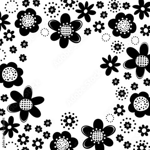 czarne kwiaty i kropki rama na białym tle