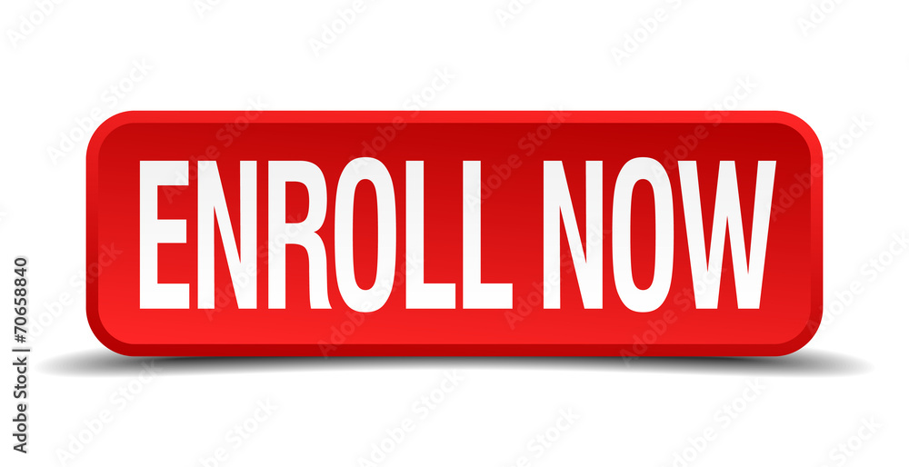 Enroll now red 3d square button isolated on white background Enroll now red 3d square button isolated on white background