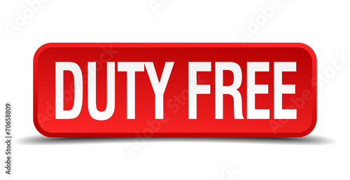 Duty free red 3d square button isolated on white background