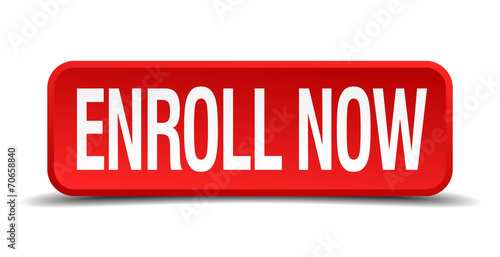 Enroll now red 3d square button isolated on white background