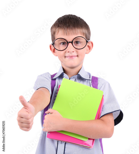 Little schoolboy isolated o...