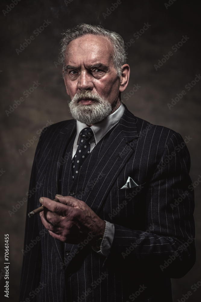 Cigar smoking characteristic senior business man with gray hair Cigar smoking characteristic senior business man with gray hair